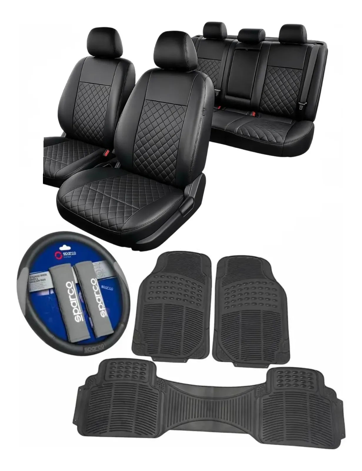 Alfombras 3 piezas + Funda ecocuero + Cubre volante Sparco Original