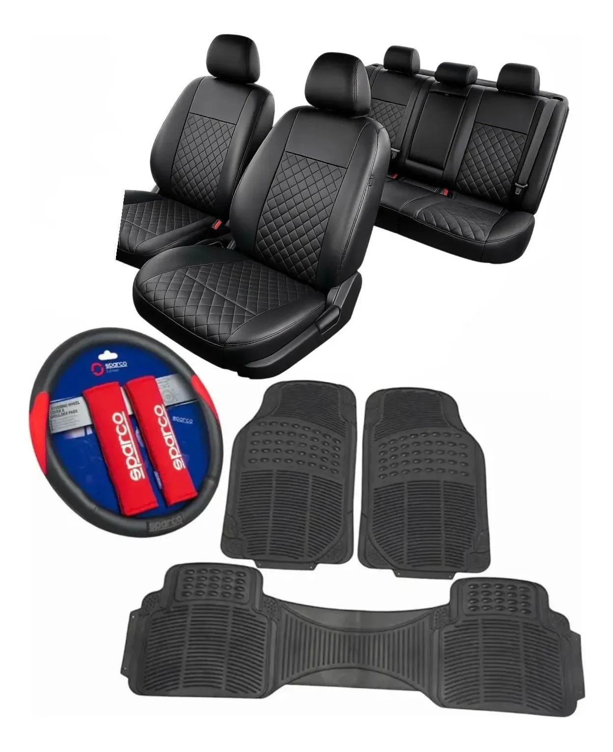 Alfombras 3 piezas + Funda ecocuero + Cubre volante Sparco Original