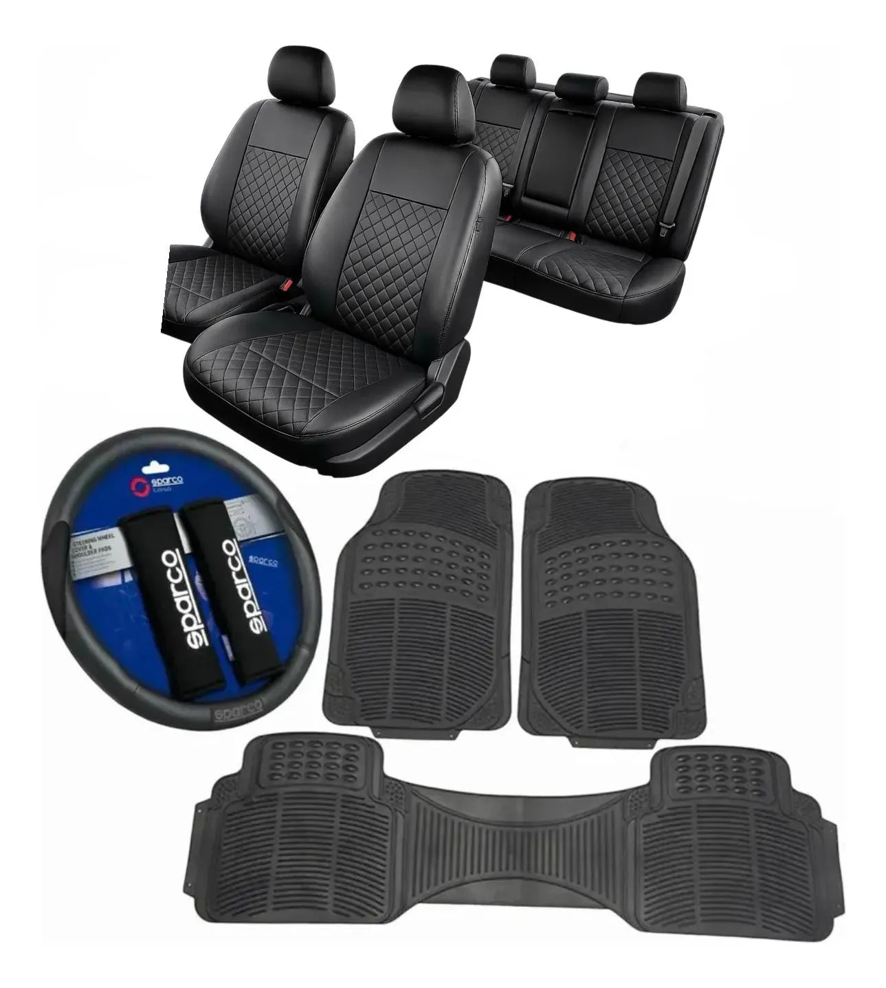 Alfombras 3 piezas + Funda ecocuero + Cubre volante Sparco Original