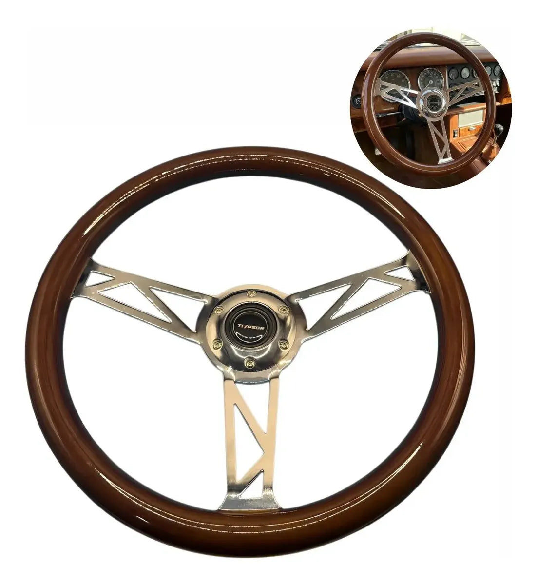 Volante Clásico Deportivo Madera Diámetro Grande Y Cromado